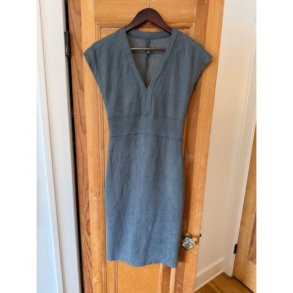 Women Slate Blue Faux Suede V-Neck Cap Sleeve Sheath Dress Size S
